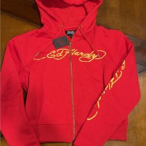 Ed Hardy Vibrant Red Hoodie with Gold Details
